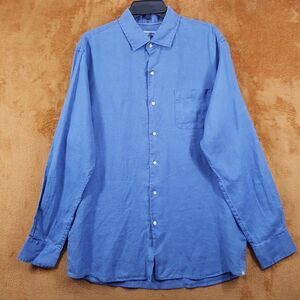 PETER MILLAR Shirt Mens Large Blue Button Up Long Sleeve Pocket 100% Linen $160